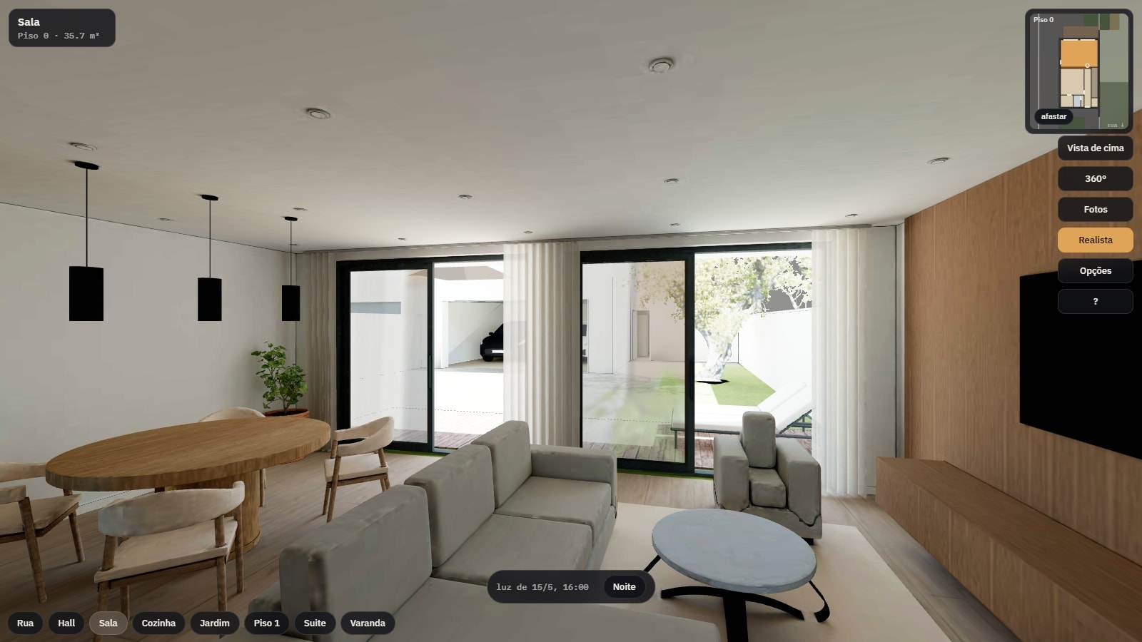 Captura da maquete no browser: a sala em modo Realista, com o minimapa e os botões de navegação.