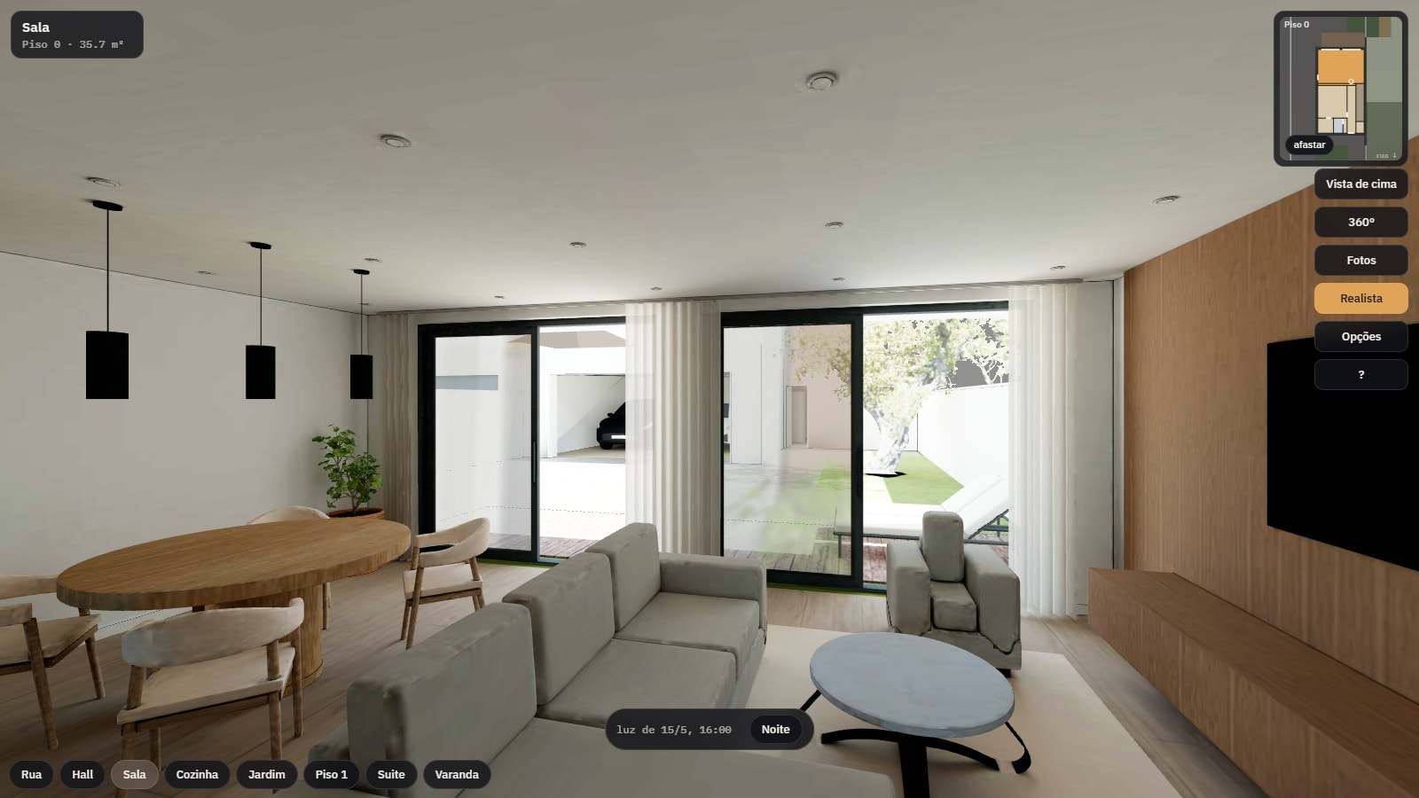 Captura da maquete no browser: a sala em modo Realista, com o minimapa e os botões de navegação.