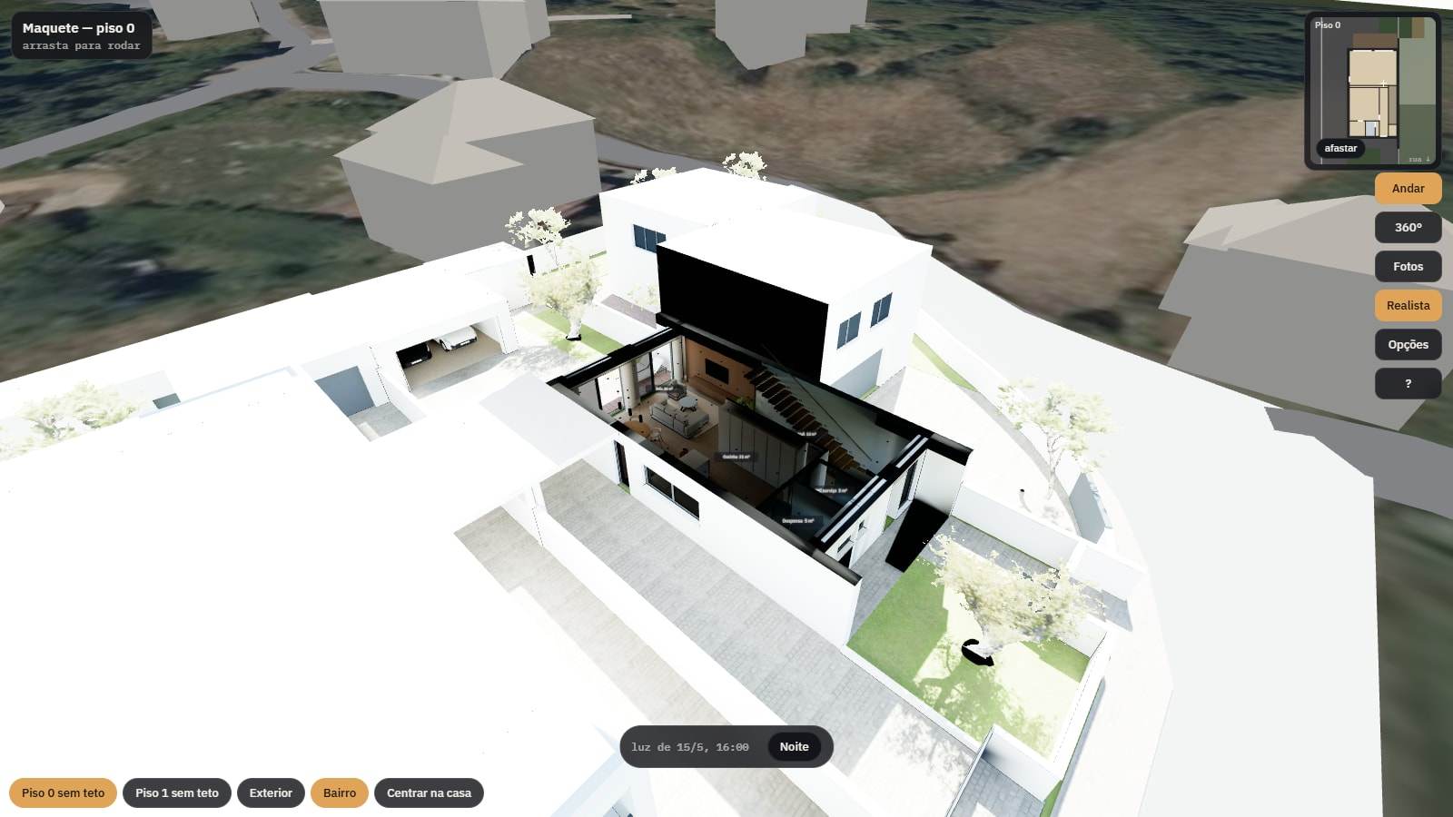 Captura da maquete no browser: a casa vista de cima sem teto, com o bairro em volta e o minimapa.